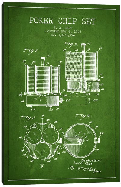 Poker Chips 1 Green Patent Blueprint Canvas Art Print - Toy & Game Blueprints