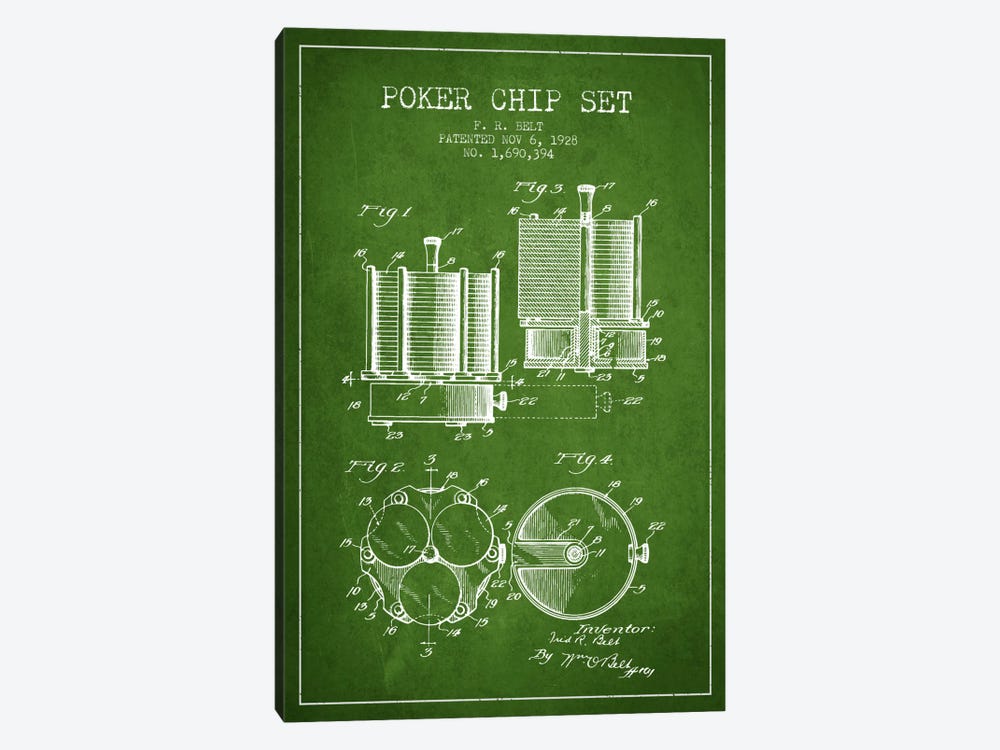 Poker Chips 1 Green Patent Blueprint by Aged Pixel 1-piece Canvas Art Print