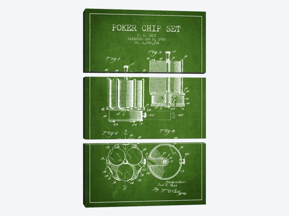 Poker Chips 1 Green Patent Blueprint by Aged Pixel 3-piece Canvas Print