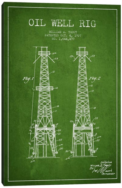 Oil Well Derrick Green Patent Blueprint Canvas Art Print - Engineering & Machinery Blueprints