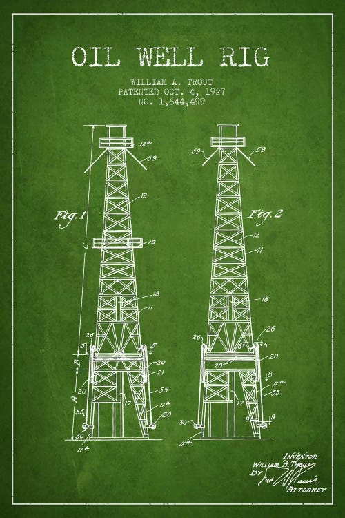 Oil Well Derrick Green Patent Blueprint by Aged Pixel wall art