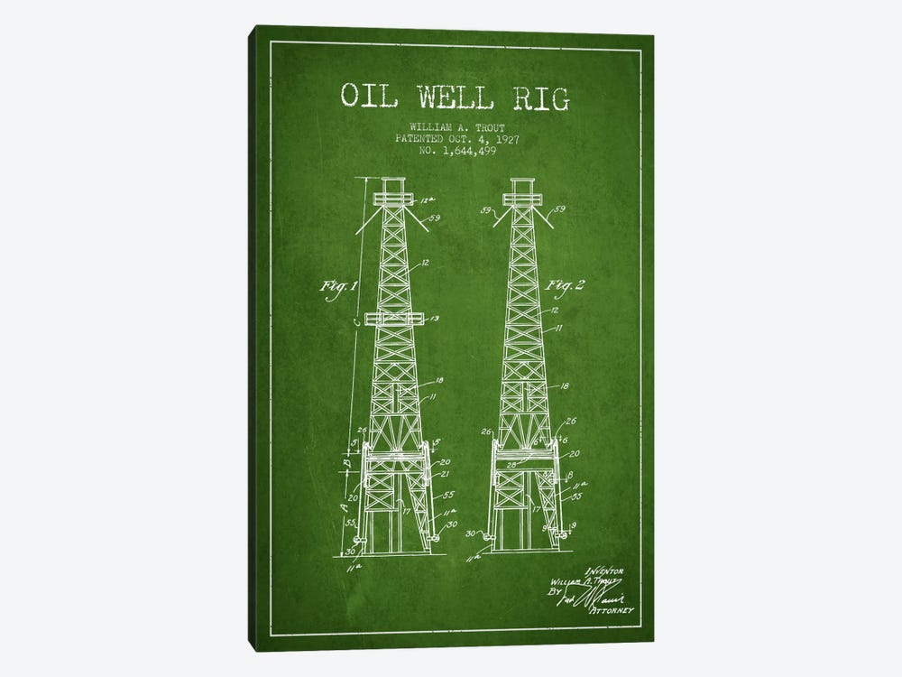 Oil Well Derrick Green Patent Blueprint by Aged Pixel 1-piece Canvas Print