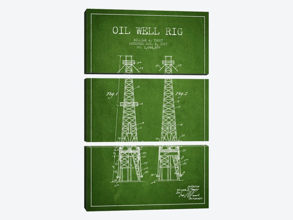 Oil Well Derrick Green Patent Blueprint by Aged Pixel 3-piece Canvas Art Print