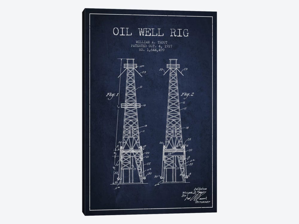Oil Well Derrick Navy Blue Patent Blueprint by Aged Pixel 1-piece Canvas Wall Art