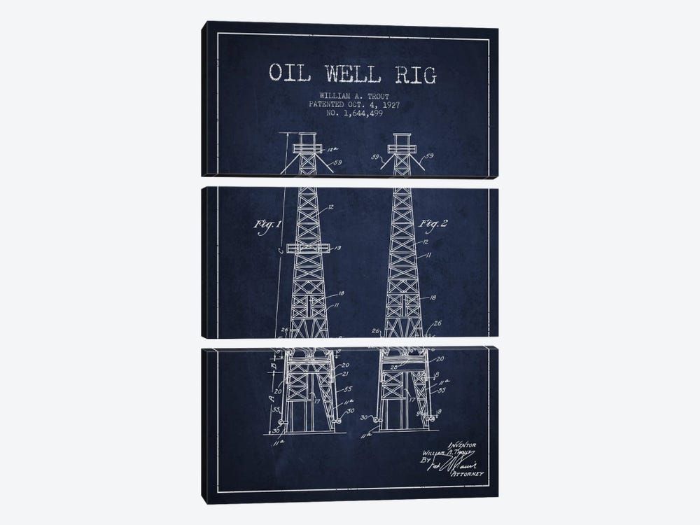 Oil Well Derrick Navy Blue Patent Blueprint by Aged Pixel 3-piece Canvas Artwork