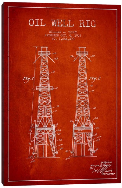 Oil Well Derrick Red Patent Blueprint Canvas Art Print - Engineering & Machinery Blueprints