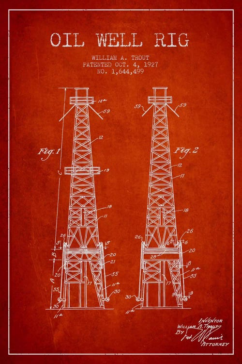 Oil Well Derrick Red Patent Blueprint