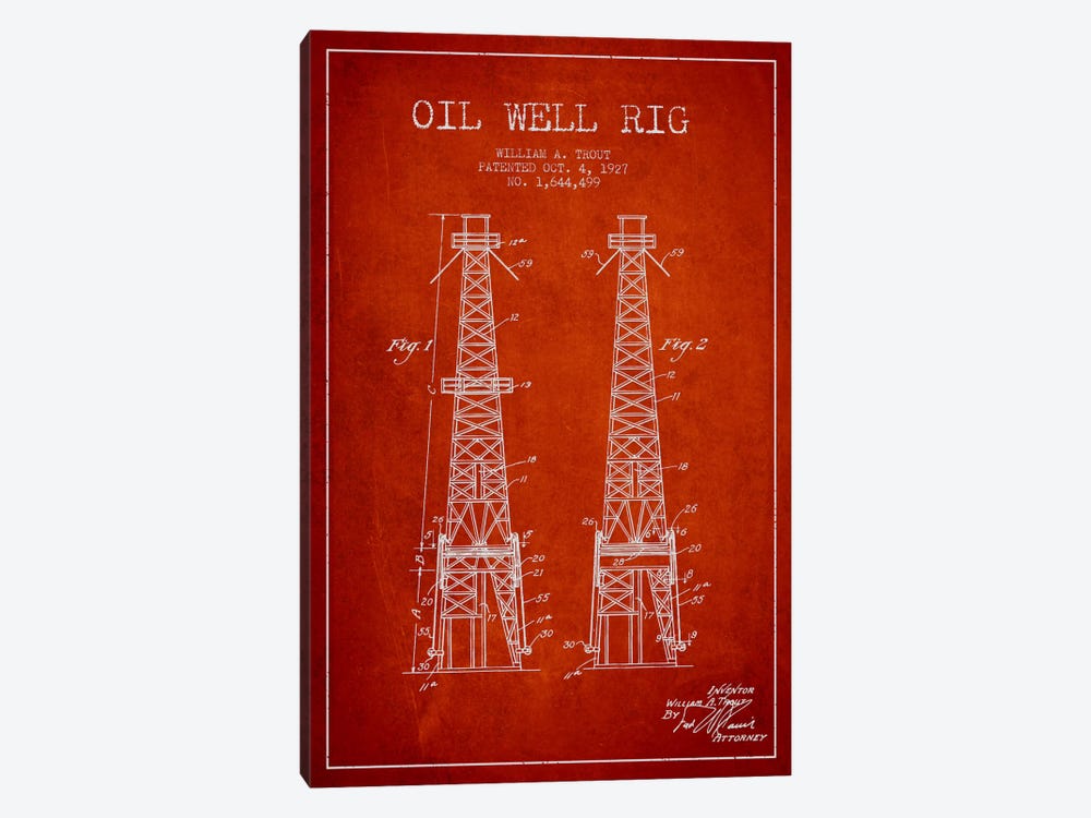 Oil Well Derrick Red Patent Blueprint by Aged Pixel 1-piece Canvas Print