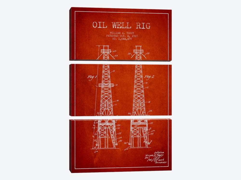 Oil Well Derrick Red Patent Blueprint by Aged Pixel 3-piece Art Print