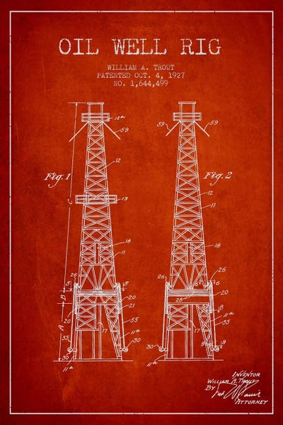 Engineering & Machinery Blueprints: Oil Well Derrick Red Patent Blueprint by Aged Pixel