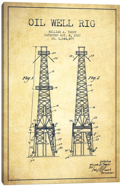 Oil Well Derrick Vintage Patent Blueprint Canvas Art Print - Aged Pixel: Engineering & Machinery