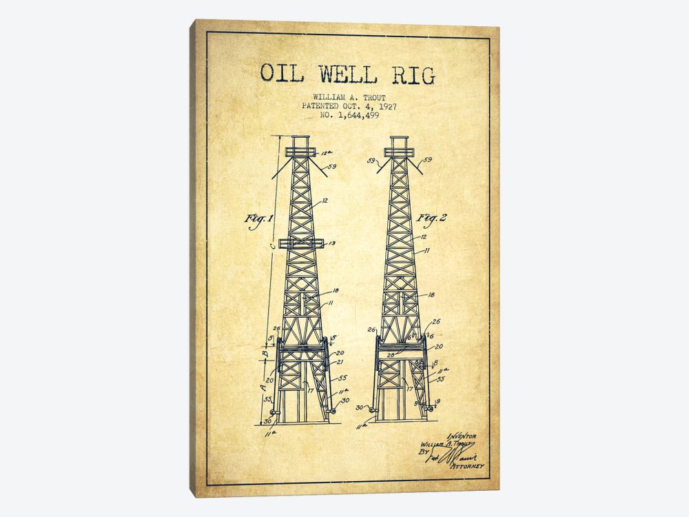 Oil Well Derrick Vintage Patent Blueprint by Aged Pixel 1-piece Canvas Art