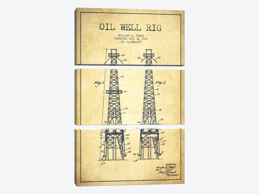 Oil Well Derrick Vintage Patent Blueprint by Aged Pixel 3-piece Canvas Artwork