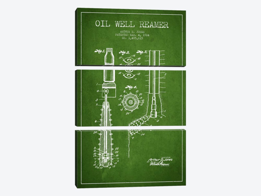 Oil Well Reamer Green Patent Blueprint by Aged Pixel 3-piece Canvas Art
