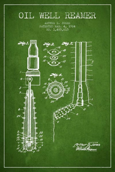 Engineering & Machinery Blueprints: Oil Well Reamer Green Patent Blueprint by Aged Pixel