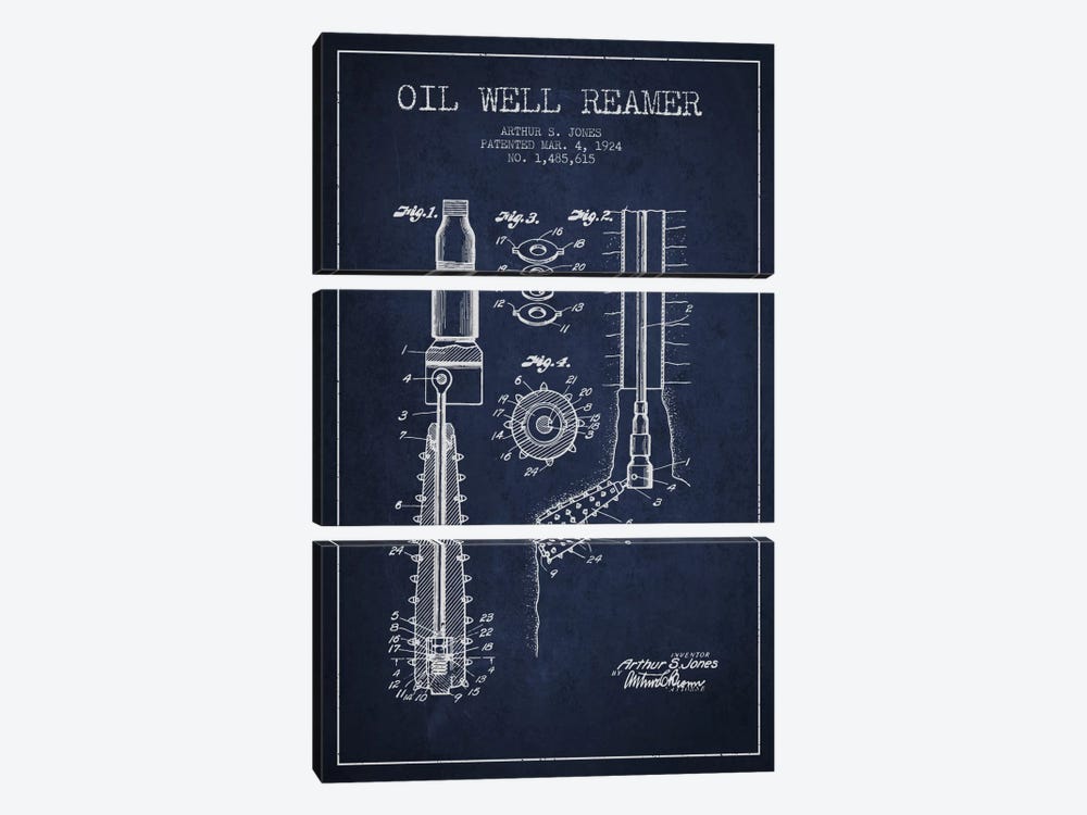 Oil Well Reamer Navy Blue Patent Blueprint by Aged Pixel 3-piece Art Print