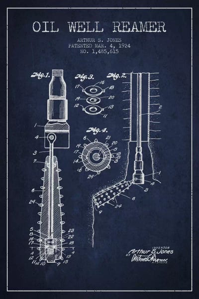 Engineering & Machinery Blueprints: Oil Well Reamer Navy Blue Patent Blueprint by Aged Pixel