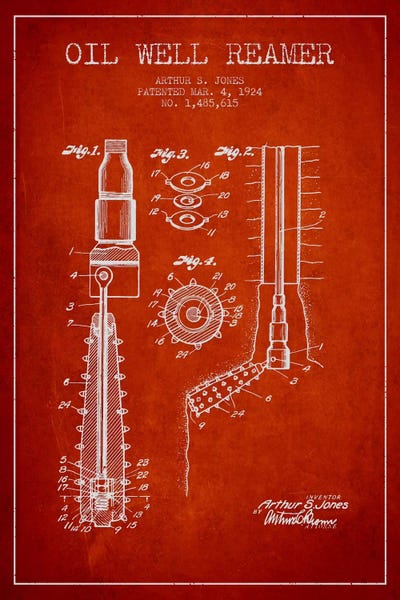 Oil Well Reamer Red Patent Blueprint by Aged Pixel metal wall art