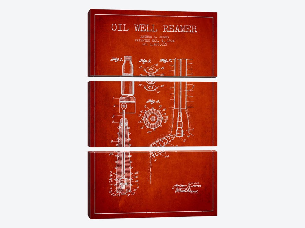 Oil Well Reamer Red Patent Blueprint by Aged Pixel 3-piece Canvas Art