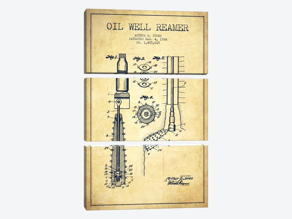 Oil Well Reamer Vintage Patent Blueprint 3-piece Canvas Print