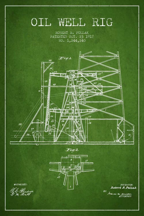 Oil Well Rig 1 Green Patent Blueprint by Aged Pixel wall art