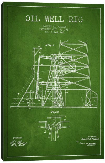 Oil Well Rig 1 Green Patent Blueprint Canvas Art Print - Aged Pixel: Engineering & Machinery