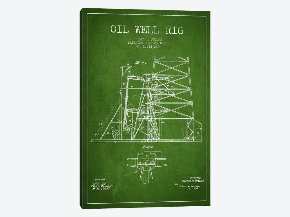 Oil Well Rig 1 Green Patent Blueprint by Aged Pixel 1-piece Canvas Art