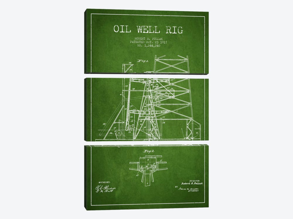 Oil Well Rig 1 Green Patent Blueprint by Aged Pixel 3-piece Canvas Art