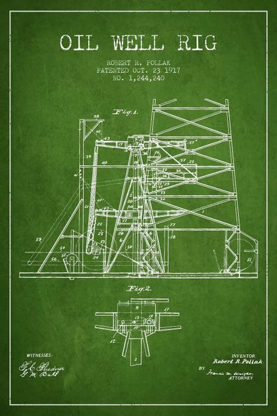 Engineering & Machinery Blueprints: Oil Well Rig 1 Green Patent Blueprint by Aged Pixel