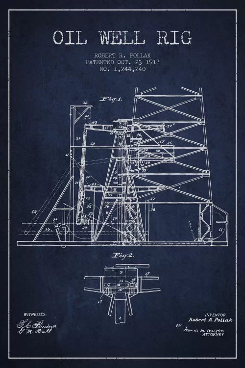 Oil Well Rig 1 Navy Blue Patent Blueprint by Aged Pixel wall art