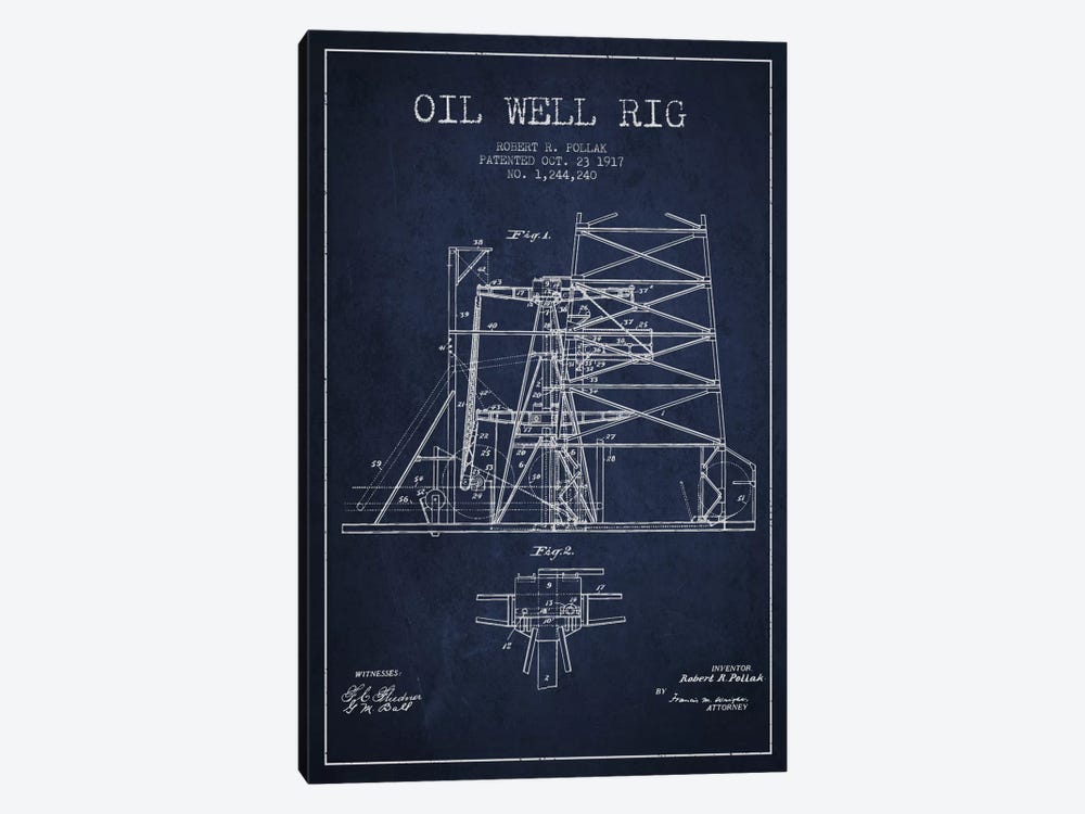 Oil Well Rig 1 Navy Blue Patent Blueprint by Aged Pixel 1-piece Art Print