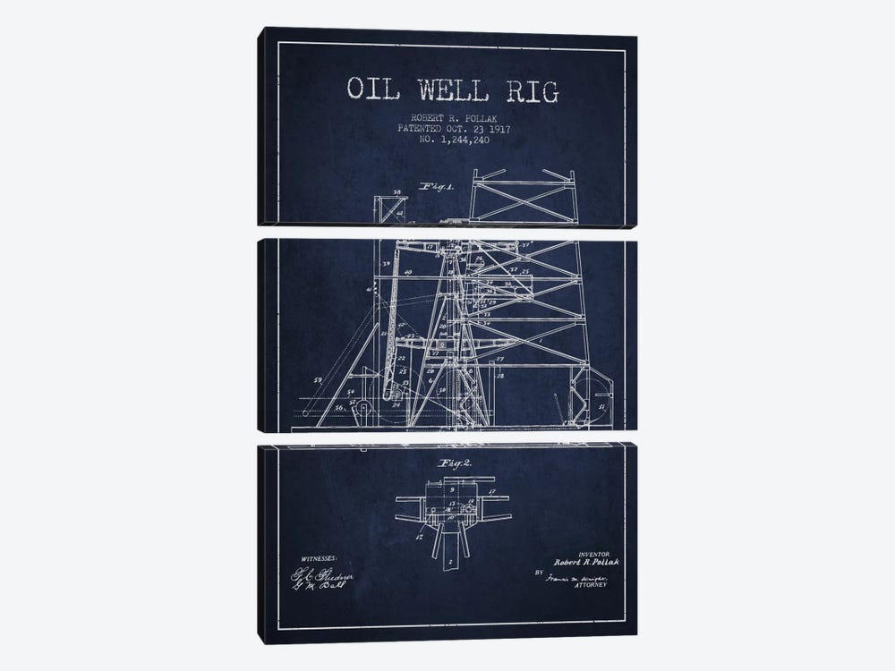 Oil Well Rig 1 Navy Blue Patent Blueprint by Aged Pixel 3-piece Canvas Art Print