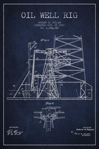 Engineering & Machinery Blueprints: Oil Well Rig 1 Navy Blue Patent Blueprint by Aged Pixel