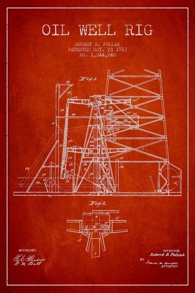 Oil Well Rig 1 Red Patent Blueprint by Aged Pixel canvas print