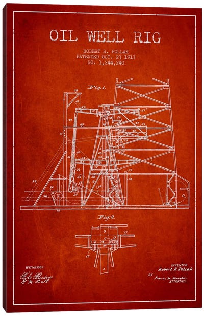 Oil Well Rig 1 Red Patent Blueprint Canvas Art Print - Aged Pixel: Engineering & Machinery