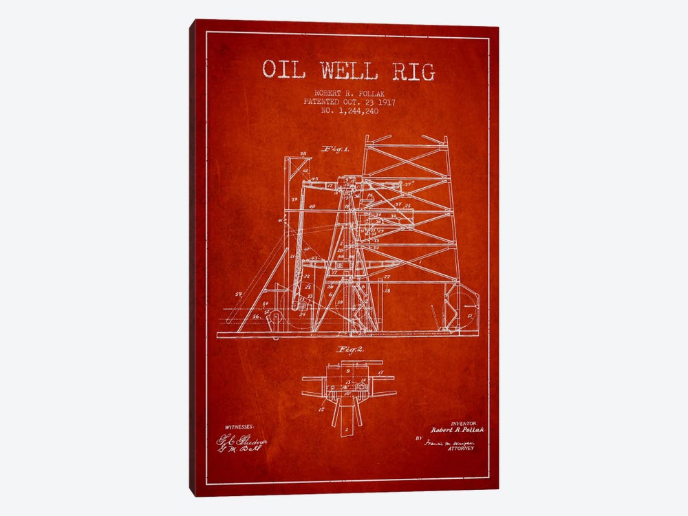 Oil Well Rig 1 Red Patent Blueprint by Aged Pixel 1-piece Canvas Wall Art
