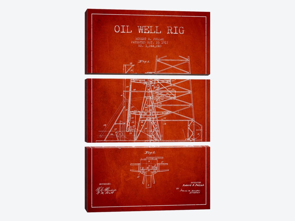 Oil Well Rig 1 Red Patent Blueprint by Aged Pixel 3-piece Canvas Art