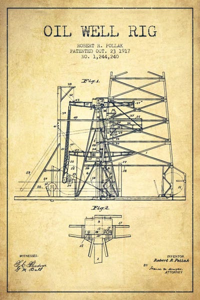 Oil Well Rig 1 Vintage Patent Blueprint by Aged Pixel framed canvas print
