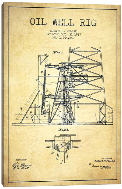 Oil Well Rig 1 Vintage Patent Blueprint Canvas Art Print - Engineering & Machinery Blueprints