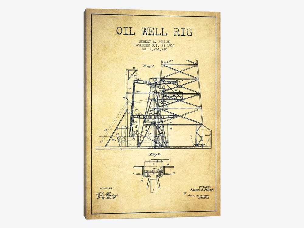 Oil Well Rig 1 Vintage Patent Blueprint by Aged Pixel 1-piece Canvas Art Print