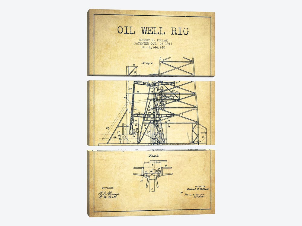 Oil Well Rig 1 Vintage Patent Blueprint by Aged Pixel 3-piece Canvas Art Print