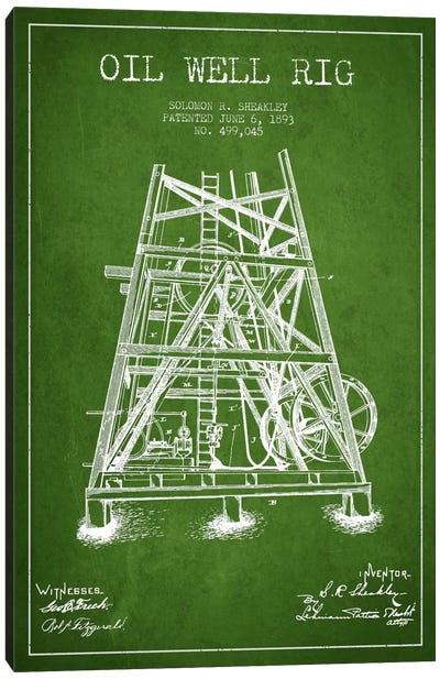 Oil Well Rig Green Patent Blueprint Canvas Art Print - Engineering & Machinery Blueprints