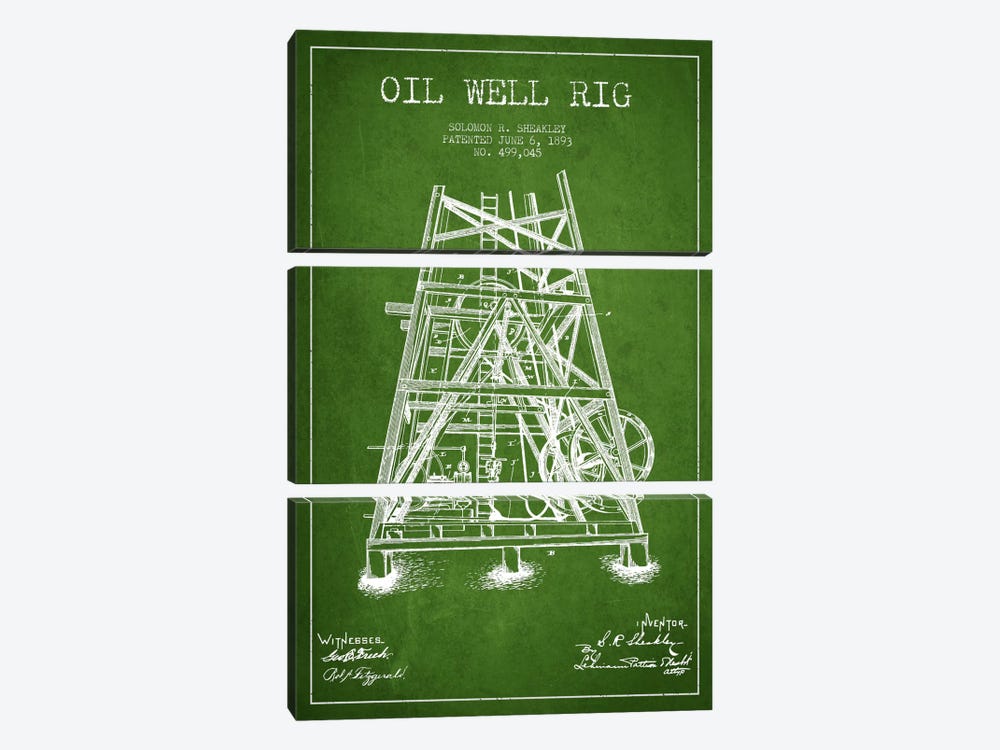 Oil Well Rig Green Patent Blueprint by Aged Pixel 3-piece Canvas Art Print