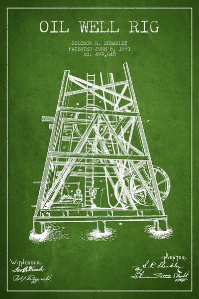 Engineering & Machinery Blueprints: Oil Well Rig Green Patent Blueprint by Aged Pixel