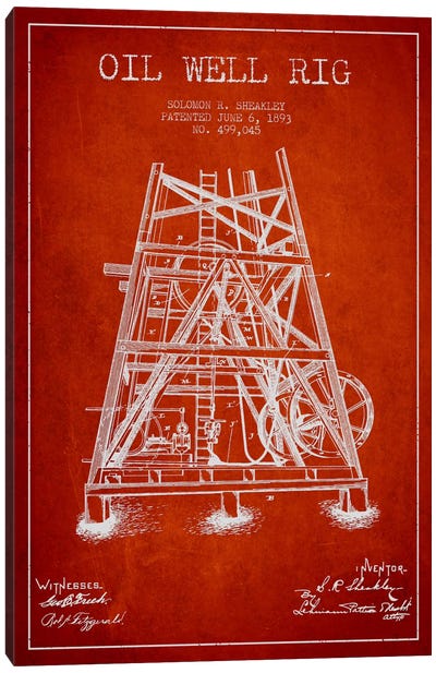 Oil Rig Well Rig Red Patent Blueprint Canvas Art Print - Engineering & Machinery Blueprints