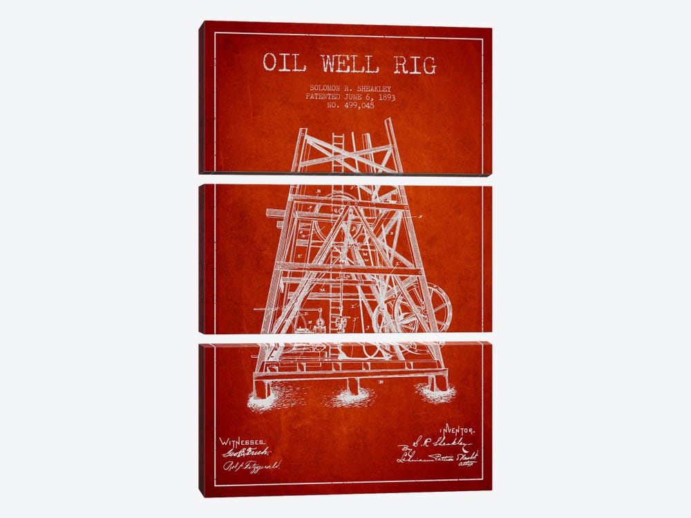 Oil Rig Well Rig Red Patent Blueprint by Aged Pixel 3-piece Canvas Print