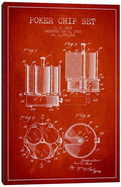 Poker Chips 1 Red Patent Blueprint Canvas Art Print - Toy & Game Blueprints