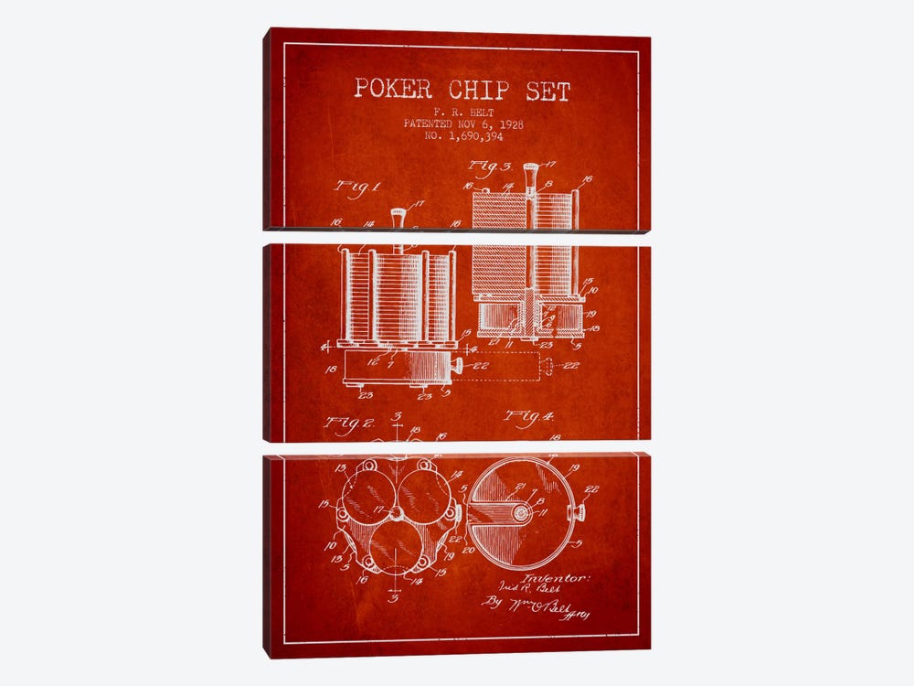 Poker Chips 1 Red Patent Blueprint by Aged Pixel 3-piece Canvas Print