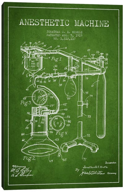 Anesthetic Machine Green Patent Blueprint Canvas Art Print - Aged Pixel: Medical & Dental
