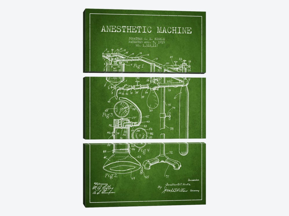 Anesthetic Machine Green Patent Blueprint by Aged Pixel 3-piece Canvas Art Print
